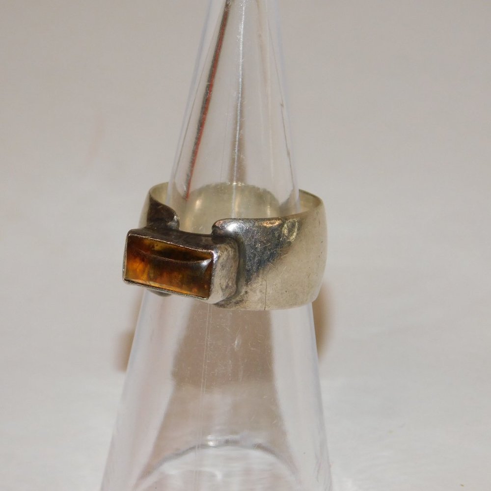 Sterling Silver Amber Ring Size 5.5 Wide Band Beautiful Stone Vintage - Picture 5 of 10